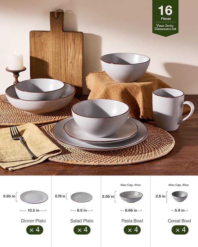 Famiware Venus Stoneware Dinnerware Set with Pasta Bowls for 4, 16-Piece Speckled Plates and Bowls with Trim, Matte Light Gray - Chip‑Resistant Dishes for Everyday & Formal, Microwave/Dishwasher Safe