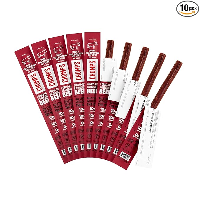 Chomps Grass-Fed and Finished Smoky BBQ Beef Jerky Snack Sticks 10-Pack - Keto, Paleo, Whole30, 10g Lean Meat Protein, Gluten-Free, Zero Sugar Food, Non-GMO