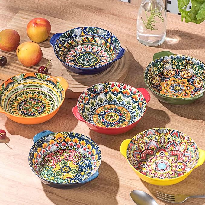 Henten Home Ceramic Soup Bowls Set, 14 oz Cereal Bowl Set of 6, Small Dessert Bowls with Handle, Boho Serving Bowls Set for Kitchen, Snack, Salad, Microwave & Dishwasher Safe