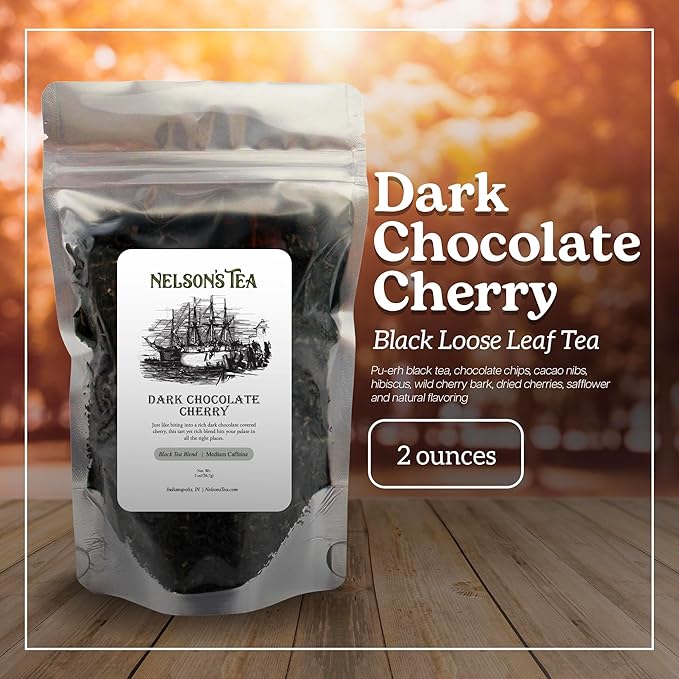 Nelson's Tea Dark Chocolate Cherry - Cut & Sifted Pu-erh Black Tea Loose Leaf with Rich Blend of Chocolate Chips, Wild Cherry Bark, Cacao Nibs and Dried Cherries - Medium Caffeine (2 oz)