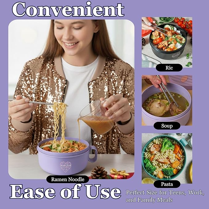 Microwaveable Ramen Noodle Bowl Cooker 40oz for Ramen, Pho, Soup, and Pasta, Dishwasher Safe and Portable, Ideal for Home, Office, Dorm, or Gift.Ai Love Peace (Purple)