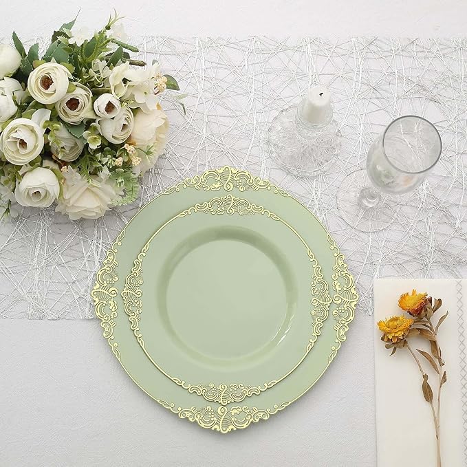 Efavormart 10 Pack | 8" Sage Green and Gold Baroque Dessert Plates, Leaf Embossed Metallic Rim Heavy Duty Appetizer Plates for Outdoor Garden Socials