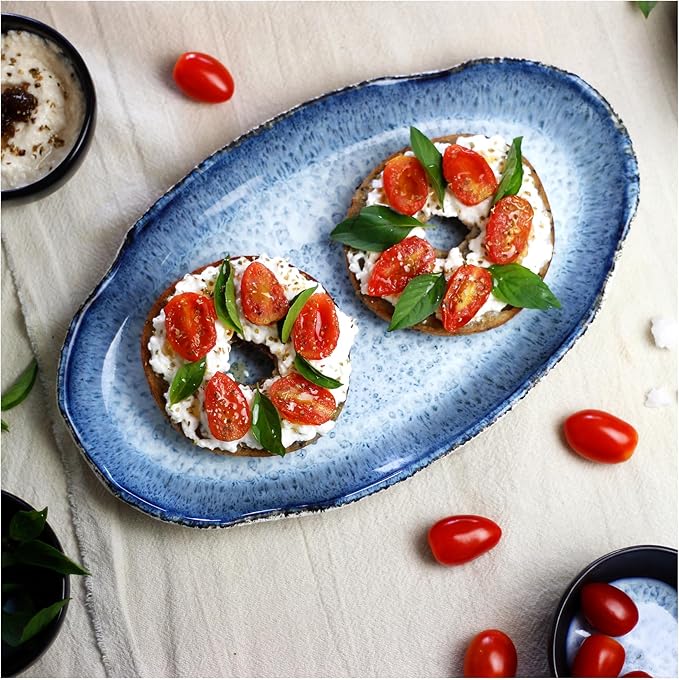roro Rustic Handmade Ceramic Stoneware Oval Plates, Reactive Blue, Set of 2 – Textured Finish Artisan Serving Plates