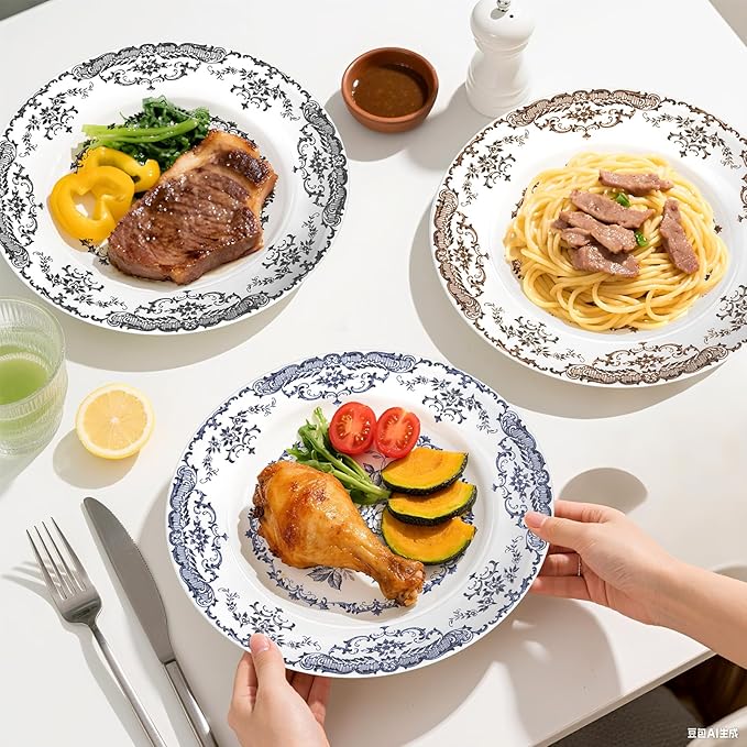 Dinner Plates, Ceramic Plates Set of 6, Kitchen Plates Microwave Safe, White Plate Dessert Blue Floral Plate Porcelain (Blue Rose, 10.5 inch)