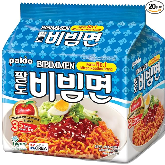 Paldo Fun & Yum Bibimmen Instant Cold Noodles, Pack of 20, Brothless Cold Ramen with Sweet & Spicy Seasoning Sauce, Oriental Style Korean Ramyun, Soupless K-Food, Family Pack (130g x 20)