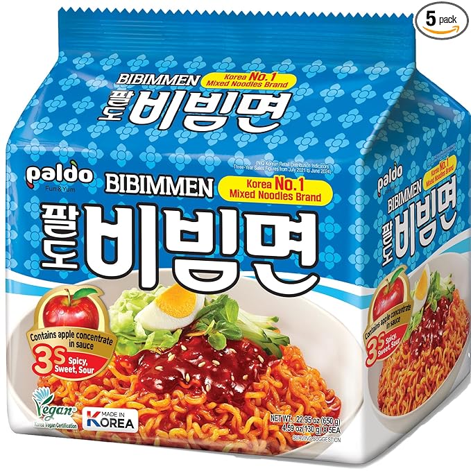Paldo Fun & Yum Bibim Men Instant Cold Noodles, Pack of 5, Brothless Cold Ramen with Sweet & Spicy Seasoning Sauce, Oriental Style Korean Ramyun, Soupless K-Food, 130g x 5