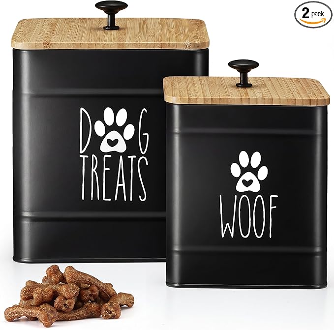 PERFNIQUE Dog Treat Container, Airtight Dog Treat Jar Set of 2, Dog Cookie Jar for kitchen Counter, Pet Treat Container, Dog Treat Canister and Storage, 7.8x6.2 & 7.3x5.5(Black)