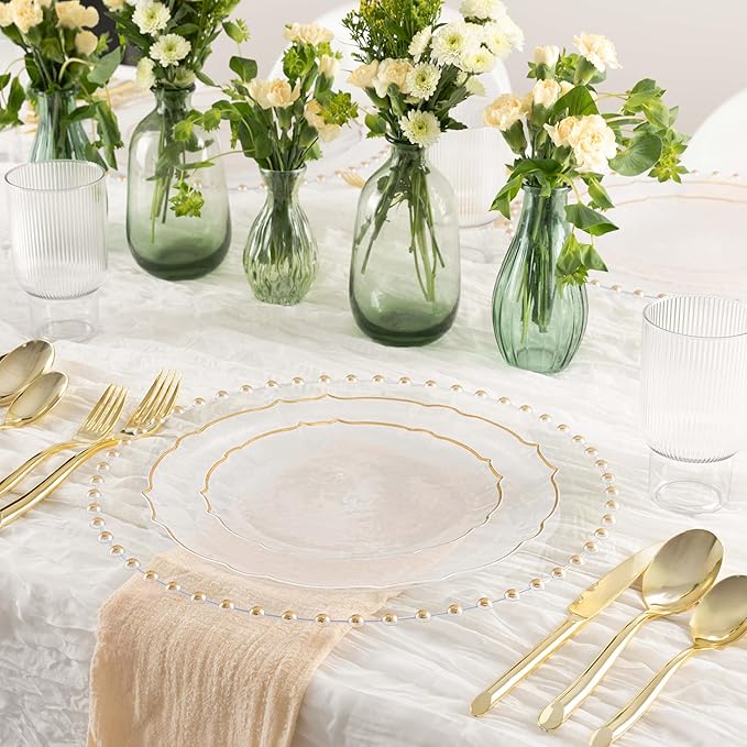 PLASTICPRO 24 Piece Clear WithGold Rim Aristocratic Combo Plastic Dinner Plates Disposable Plastic Fancy Heavy Duty Party Dishes 12, 7'' inch and 12, 10'' inch, Clear With Gold Rim