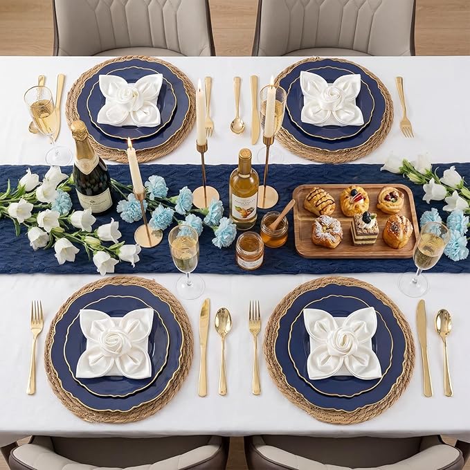 WDF 100pcs Blue Plastic Plates - Baroque Blue&Gold Disposable Plates for Parties/Wedding-50Plastic Dinner Plates 10.25in, 50Salad Plates 7.5in for Party/Birthday/Wedding/Independence Day