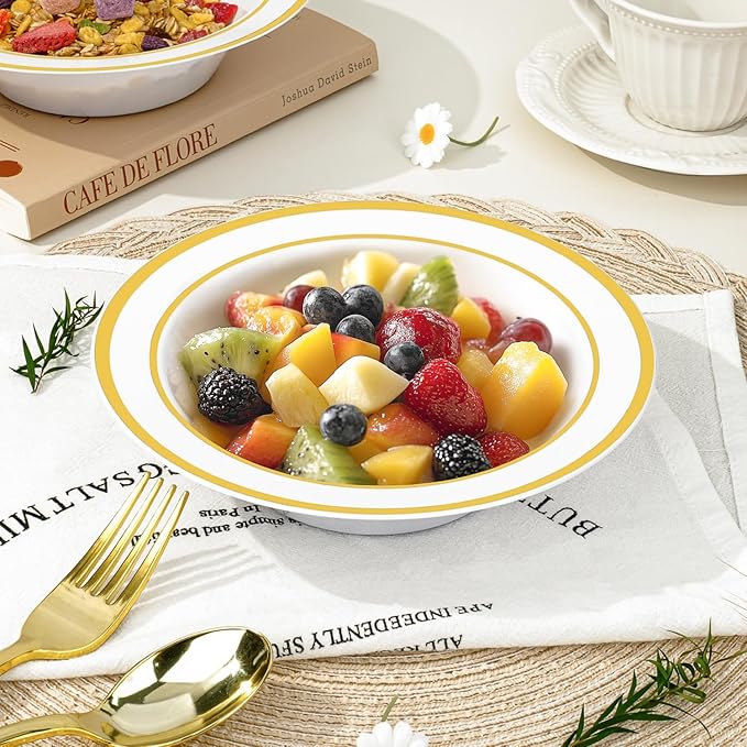 BESTVIP 200 Pack Plastic Bowls with Gold Rim, 12 Oz Disposable Bowls Disposable Bowls for Parties, Wedding, Christmas, Soak Proof Bowls for Breakfast, Lunch, and Dinner Meals