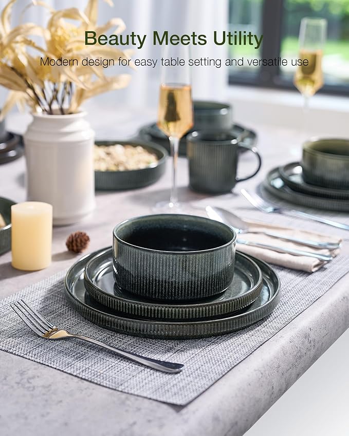 Famiware Star 24-Piece Plates and Bowls Set with Trim, Service for 8 - Stoneware Reactive Glaze Dinnerware, High Edge Ribbed Dishes, Chip & Scratch Resistant, Microwave & Dishwasher Safe, Deep Forest