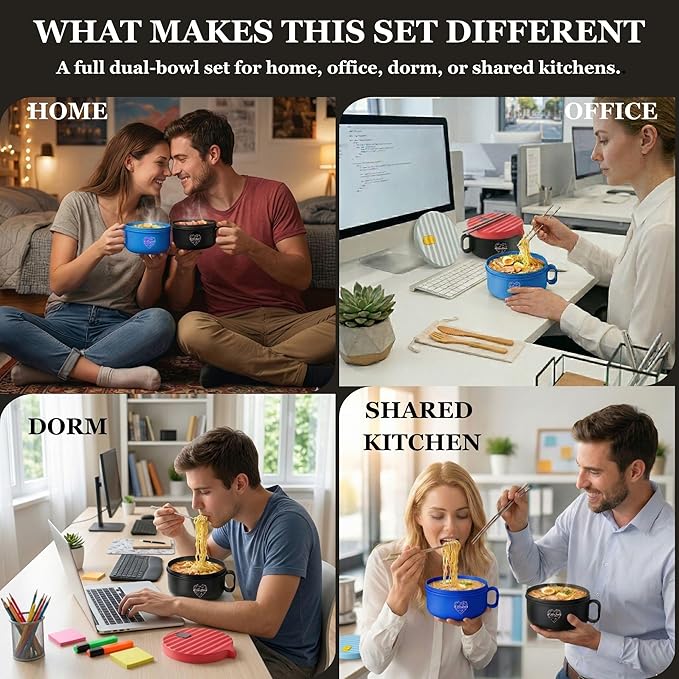 AI LOVE PEACE Ramen Bowls, 40 oz Large Microwavable Noodle Bowls (1 Blue, 1 Red) with Chopsticks, Sporks, and Utensil Bag, Portable Microwave Bowl for Home, Office, Dorm, or College Gift.