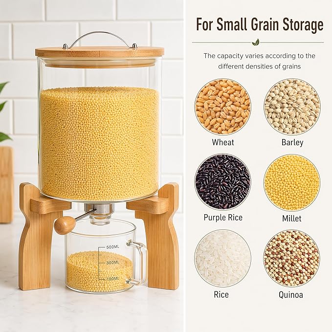 Goaste Glass Rice Dispenser with Bamboo Stand, 5L Flour Cereal Container with Airtight Lid, 8 Lbs Large Grain Food Storage Bucket, Countertop Beans Storage Tank with Measuring Cup & Valve for Dry Food