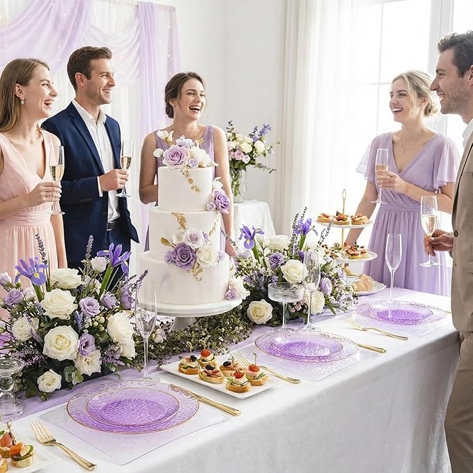 Lullaby 100pcs Purple Plastic Plates with Gold Rim, Include 50pcs Dinner Plate 10'' and 50pcs Heavy Duty Dessert Plate 7'', Plastic Disposable Plates for Parties, Birthdays and Wedding
