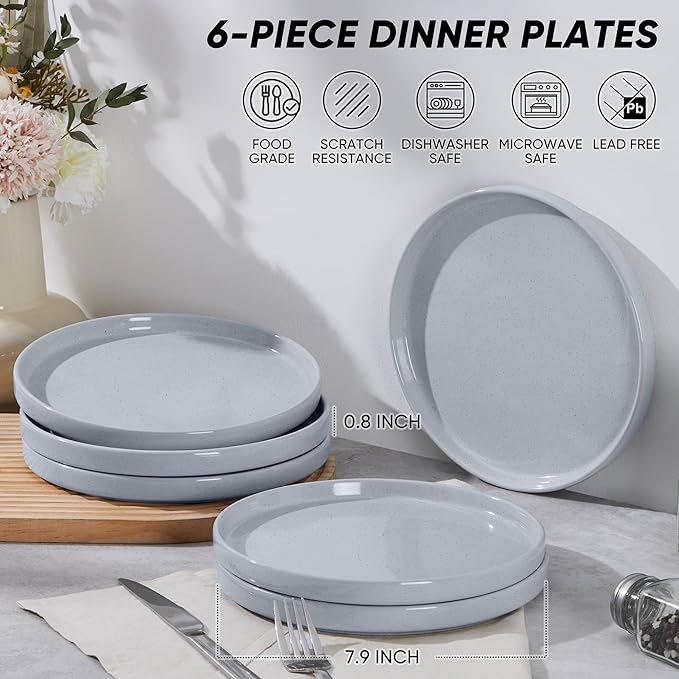 E-far 7.9 Inch Ceramic Dinner Plates, 6-Piece Stoneware Salad Plates with Raised Edges, Chip & Scratch Resistant | Microwave & Dishwasher Safe Dessert Dishes for Appetizer Salad, Speckled Gray