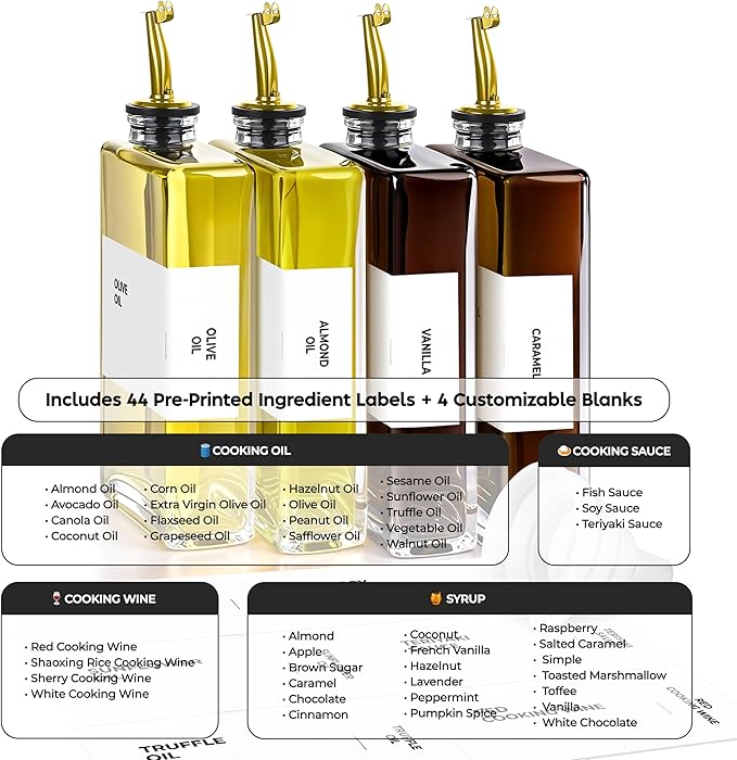 Spaceneat Olive Oil Dispenser Bottle - Includes 44 Kitchen Essential Labels - Cooking Oil Bottles for Kitchen, Coffee Syrup Dispenser - Pourer Spout with 11.8 fl oz Glass Container Cruet - 4pcs, Gold