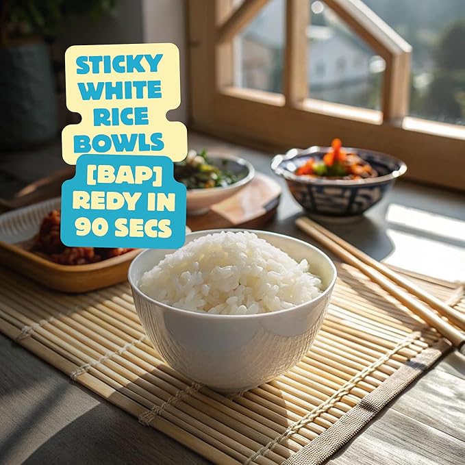 Premium Instant Rice | Sticky Sushi Rice | 0 Trans Fat/ 0 Cholesterol/ 0 Sodium | Ready in 90 Secs | Gluten-Free | Healthy Sticky White Rice Bowls (Bap) – [WHITE Rice |12 Pack] | Long Shelf Life - O'Food