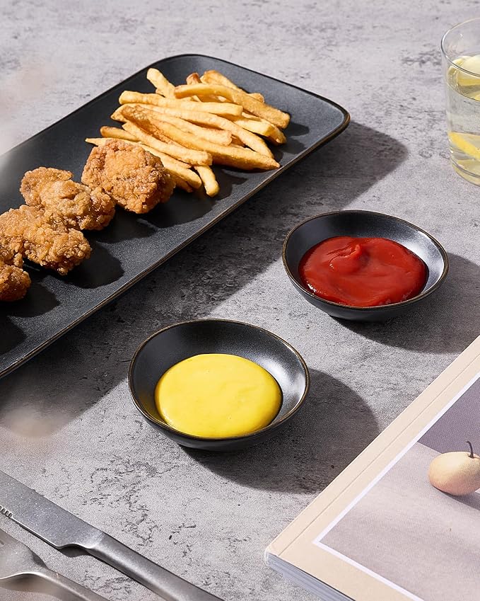 famiware Ocean Soy Sauce Dishes of 6, Oval Dipping Sauce Cups/Bowls for Kitchen, 2.1oz Ceramic Small Bowls for Side Dish, Appetizers, Snacks, and Sushi, Reactive Glaze, Dishwasher Safe, Matte Black