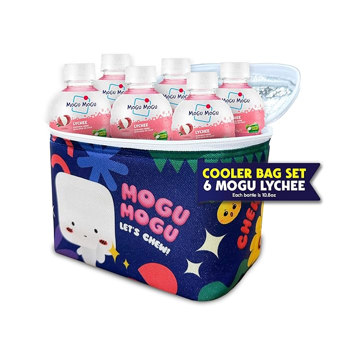 Mogu Mogu Lychee Juice Drink (6 Bottles) with Limited Edition Cooler Bag – Chewy & Fun Lychee Juice with Nata de Coco | Refreshing Drink for Kids & Adults | Ready to Drink Beverage Set