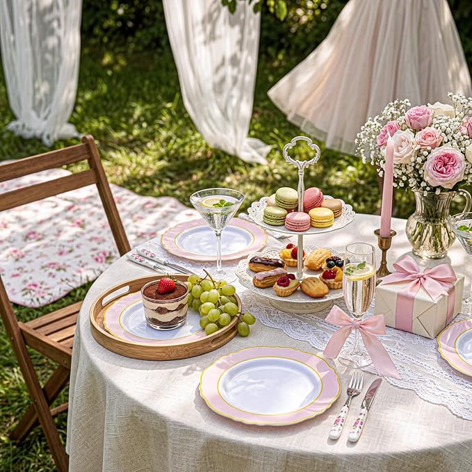 WDF 60pcs Pink Dessert Plates - 7.5inch Baroque Pink and White Disposable Dessert Cute Cake Plates for Upscale Parties &Wedding-Special for Baby Shower, Brithday, Tea Party