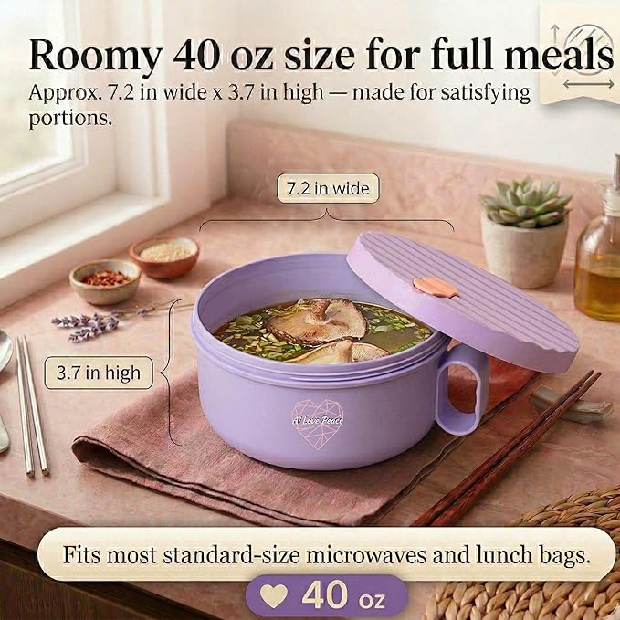 AI LOVE PEACE Ramen Bowls, 40 oz Large Microwavable Noodle Bowls (1 Blue, 1 Purple) with Chopsticks, Sporks, and Utensil Bag, Portable Microwave Bowl for Home, Office, Dorm, or College Gift.