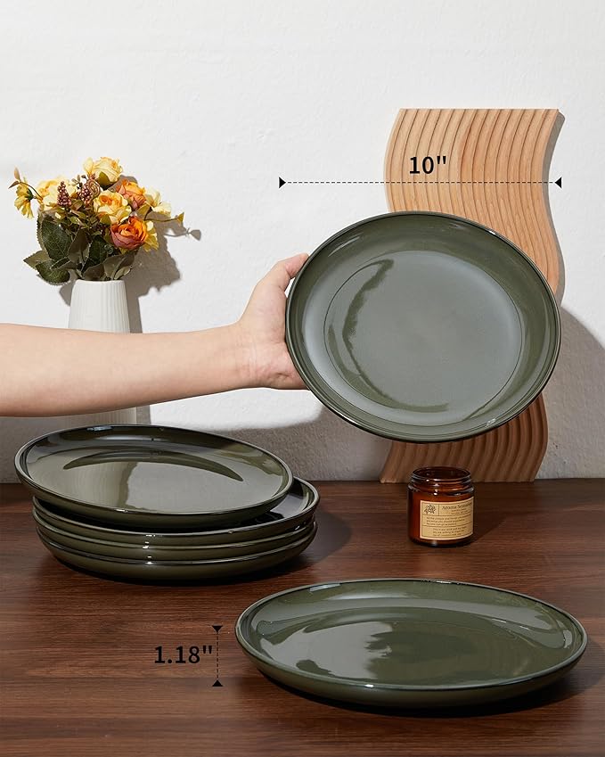 Pokini Ceramic Plate Set 10 Inch, Terracotta Dinner Plates of 6, Microwave Safe Plate, Large Serving Plates for for Salad Pasta Steak, Blackish Green