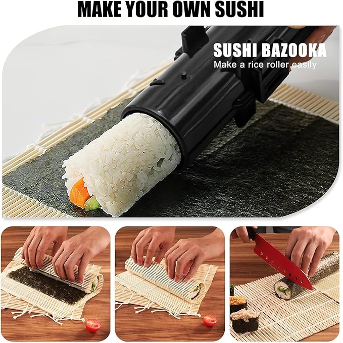 SmileTools Sushi Making Kit, 22pcs Roller Maker for Beginners With Guide Book, Bazooka, Knife, Mat, Avocado Slicer, Chopsticks, Sauce Dishes & More - Sushi Lover's Gift