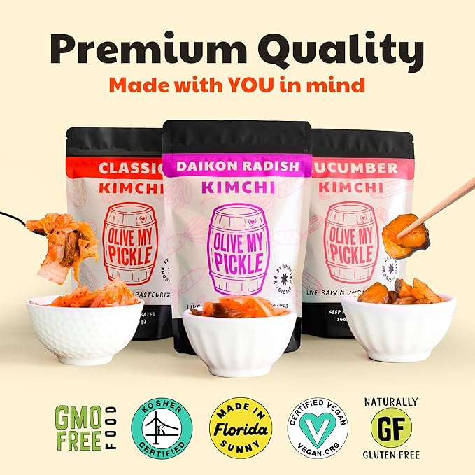 Olive My Pickle Fermented Kimchi - 16 Ounces | 1-Pack Bundle of Probiotic Daikon Radish Kimchi | Fresh & Flavorful Korean Food with Natural Probiotics for Gut Health - Perfect for Ramen & Spicy Noodles