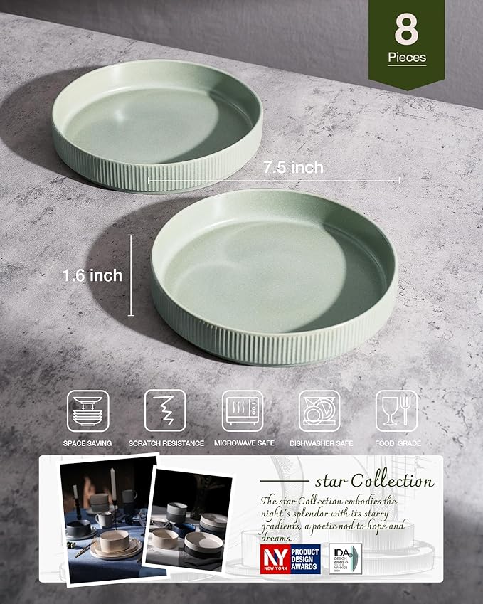 famiware Star 7.5" Pasta Bowls Set, Salad Bowl Set of 8, Double Reactive Glaze, Stackable, Ideal for Your Friend for Housewarming, Festivals, Light Green