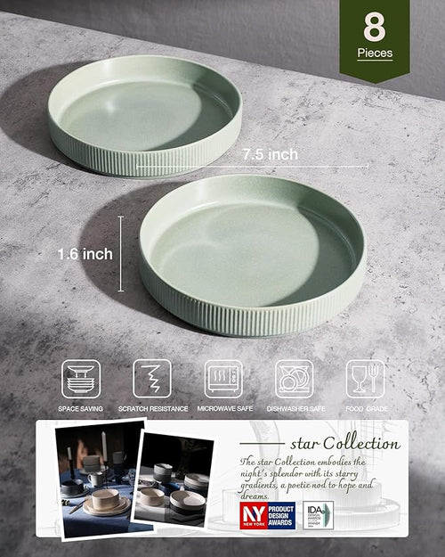 famiware Star 7.5" Pasta Bowls Set, Salad Bowl Set of 8, Double Reactive Glaze, Stackable, Ideal for Your Friend for Housewarming, Festivals, Light Green