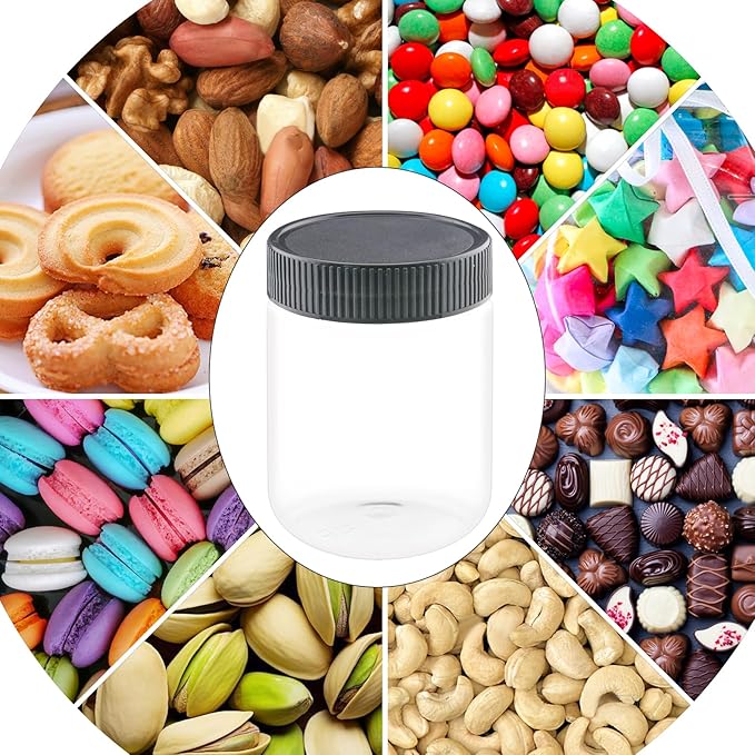 10 Oz Clear Plastic Jars with Black Lids Refillable Kitchen Storage Containers for Dry Food Coffee Nuts and More (4), Clear+Black