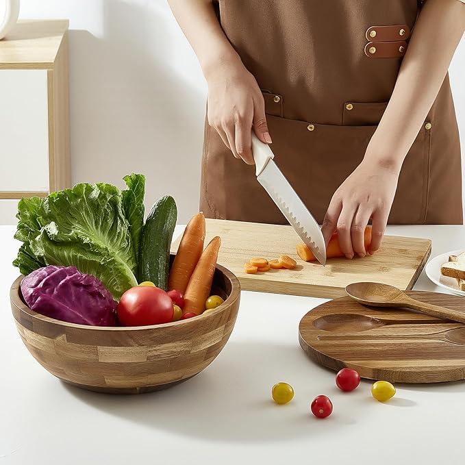 Wooden Salad Bowl, Salad Bowls, 11.8" Large Salad Bowl with Serving Utensils, Big Wood Serving Bowls for Food, Fruits, Salad, Cereal, Corn flake, Pasta