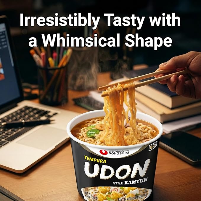 Nongshim Tempura Udon Style Noodle Soup Big Bowl, Deep & Rich Umami Flavor, Savory Broth, Microwavable, Chewy Noodles, 4.02 oz (Pack of 12)