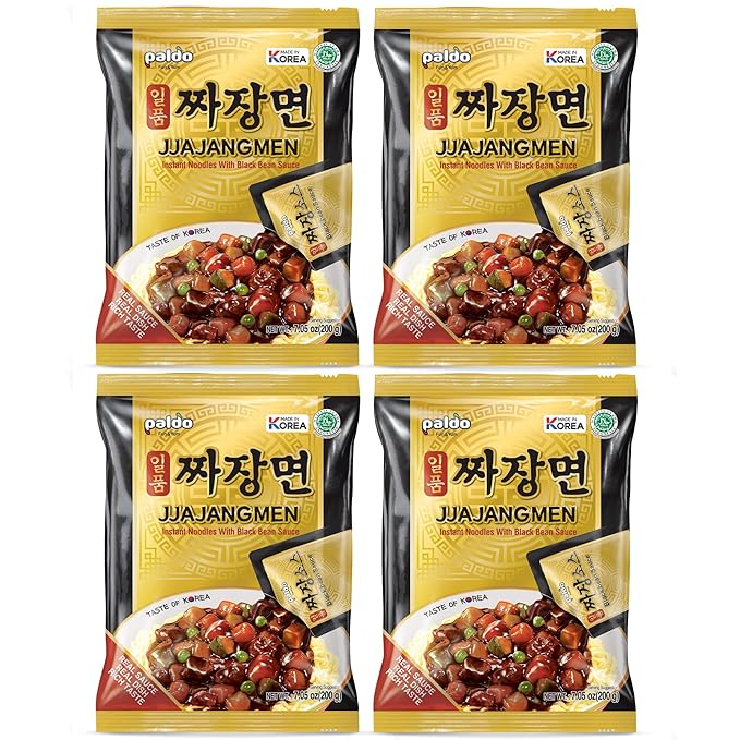 Paldo Fun & Yum Ilpoom Jjajangmen Noodles, Pack of 4, Traditional Brothless Chajang Ramen with Savory & Sweet Black Bean Sauce, Oriental Style Korean Ramyun, Soupless K-Food, 200g x 4