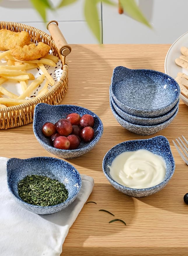 YJR Ceramic Side Dishes, Seasoning Dishes, Dipping Bowls - 4 Inch, for Ketchup Soy Sauce BBQ Party, Set of 6, Blue