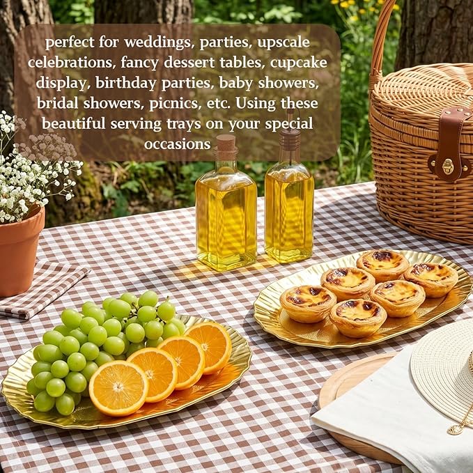 AVLA 6 Pack Plastic Serving Tray, Gold Serving Platter Set, Reusable Party Snack Serving Tray, Decorative Food Appetizer Platters for Dessert Table, Cupcake, Charcuterie, Cookies, 14" x 8.5"