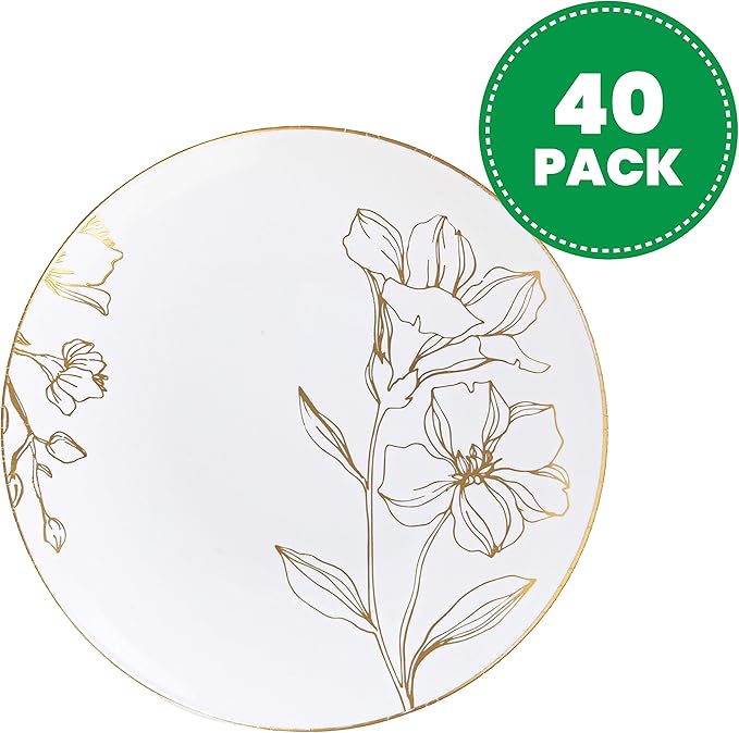 [6'' Plates 40 Count] White Plastic Floral Design Party Plates With Gold Rim Premium heavyweight Elegant Disposable Tableware Dishes