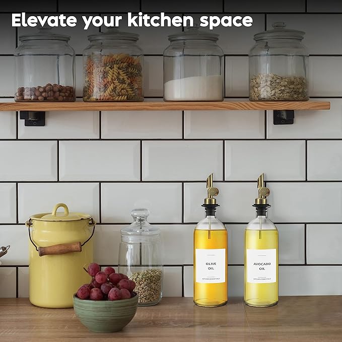 Spaceneat Olive Oil Dispenser Bottle - Includes 55 Kitchen Essential Labels - Cooking Oil Bottles for Kitchen, Coffee Syrup Dispenser - Pourer Spout with 16.9 fl oz Glass Container Cruet - 2pcs, Gold