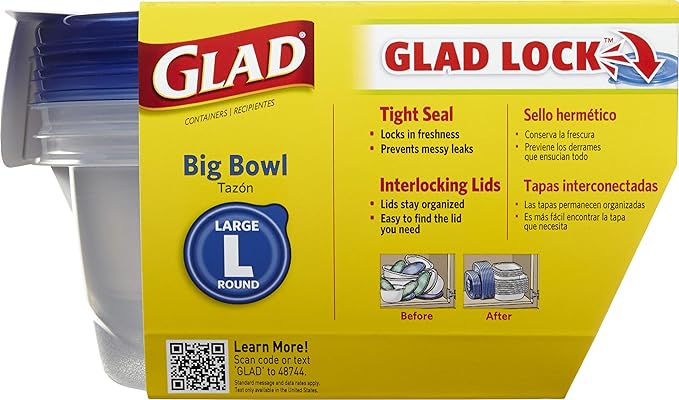 Glad GladWare Big Bowl Food Storage Containers with Lids, Large Round No BPA Plastic Containers for Soups, Salads, and Meal Prep, Lock Tight Seal, Microwave Dishwasher Safe, 48 Oz, 3 Count - 6 Pack