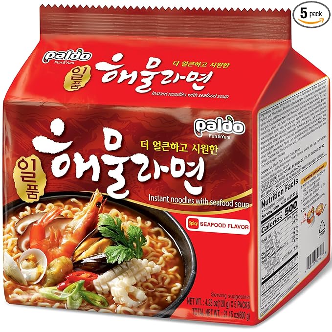 Paldo Fun & Yum Il Poom Seafood Instant Noodles with Spicy Seafood Based Broth, Best Oriental Style, Original Korean Ramyun, Spicy Ramen Challenge, K-Food, 일품 해물라면 120g (4.23 oz) x 5 Pack