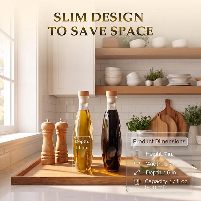 Elegant Oil and Vinegar Dispenser Set – Glass Bottles 17oz/500ml with Corks, Pouring Spouts & Funnel | Modern Olive Oil Dispenser & Vinegar Cruet for Kitchen Decor | Set of 2