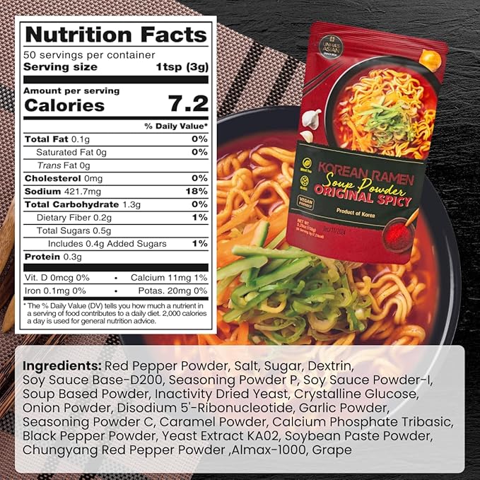 Korean Ramen Soup Seasoning Powder, Hot and Spicy Flavor, Vegan Instant Broth Mix, 5.29 oz Pack – Product of Korea