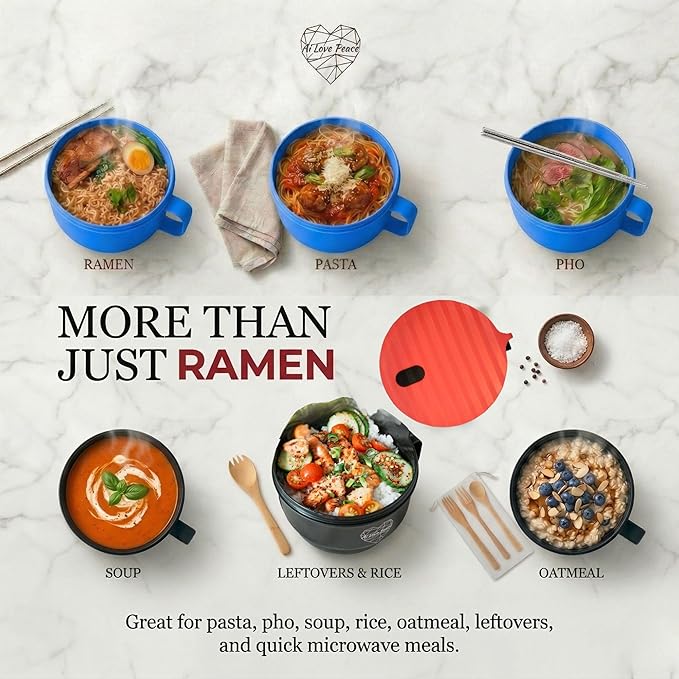 AI LOVE PEACE Ramen Bowls, 40 oz Large Microwavable Noodle Bowls (1 Blue, 1 Red) with Chopsticks, Sporks, and Utensil Bag, Portable Microwave Bowl for Home, Office, Dorm, or College Gift.