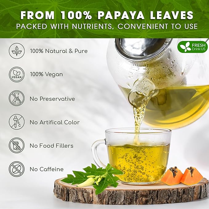 FreshDrinkUS, Premium 4oz Papaya Leaves For Tea, 100% Natural & Pure from Papaya Leaves. Loose Leaf Herbal Tea. Made with Natural Material Tea Bags. No Sugar, No Caffeine, No Gluten, Vegan.