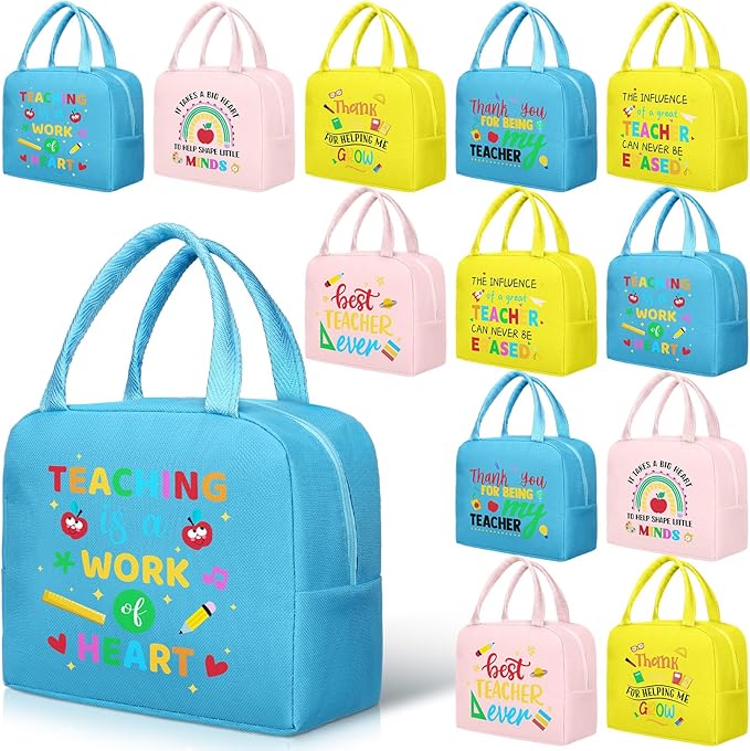 Teacher Appreciation Gifts Bulk Back to School Thank You Insulated Lunch Bags Teacher Reusable Lunch Bags Leakproof Totes End of Year Appreciation Gift for Men Women(12 Pcs,Lively)