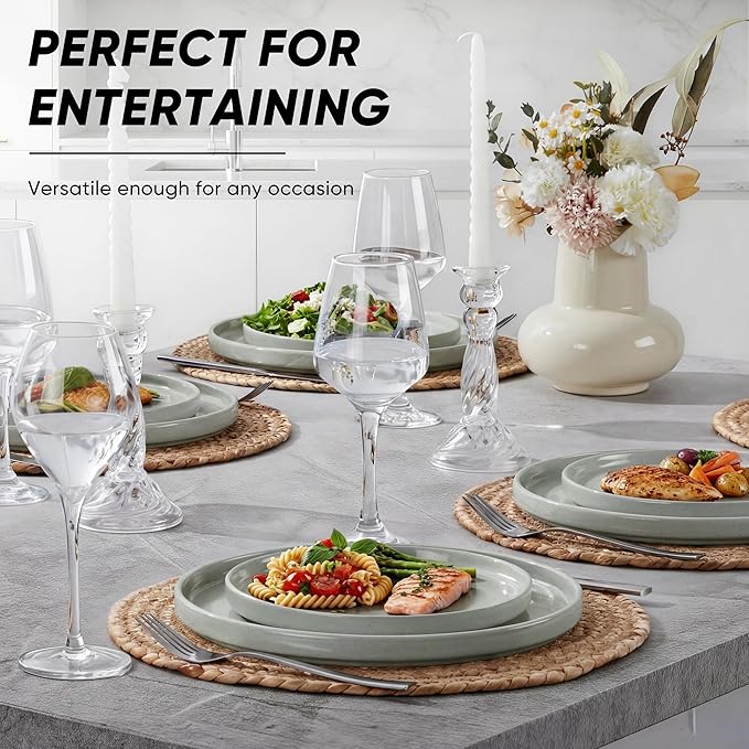 E-far 7.9 Inch Ceramic Dinner Plates, 6-Piece Stoneware Salad Plates with Raised Edges, Chip & Scratch Resistant | Microwave & Dishwasher Safe Dessert Dishes for Appetizer Salad, Speckled Green