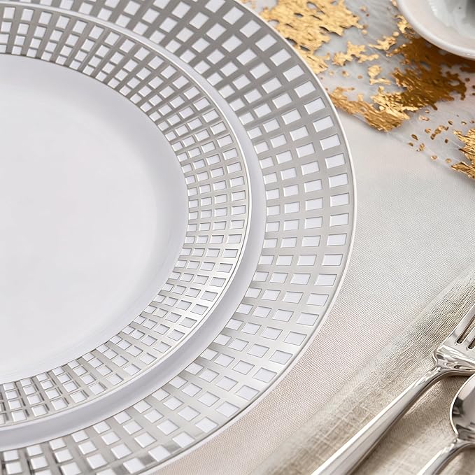 Fijinhom 100PCS Heavy Duty Silver Plastic Plates for 50 Guests, for Party, Wedding, Birthday, Dinnerware Set of 50PCS 10" Dinner Plates & 50PCS 7.5" (Silver)