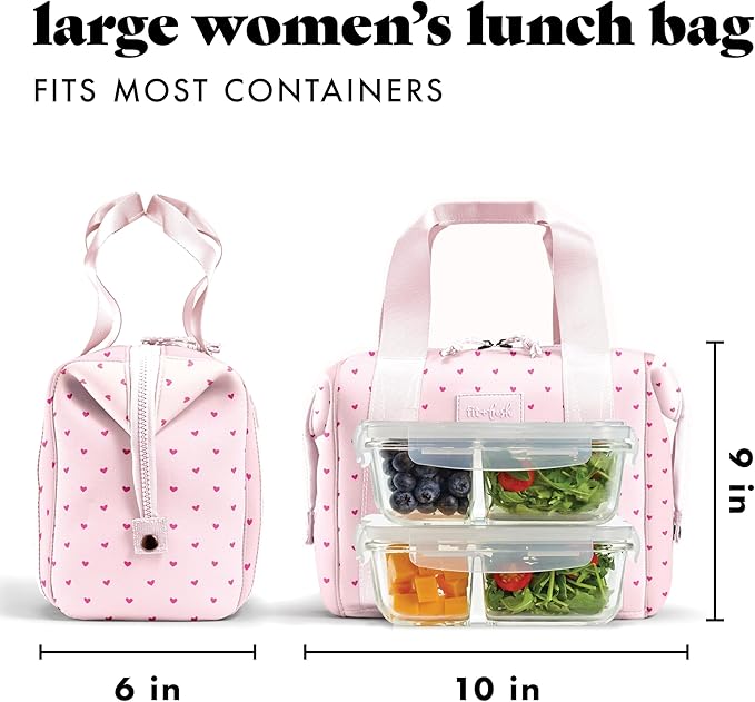 Fit & Fresh Remi Lunch Bag for Women Work – Neoprene Lunch Tote with Containers & Ice Pack, Reusable Meal Prep Lunch Box, Large Capacity, Machine Washable, Tiny Hearts