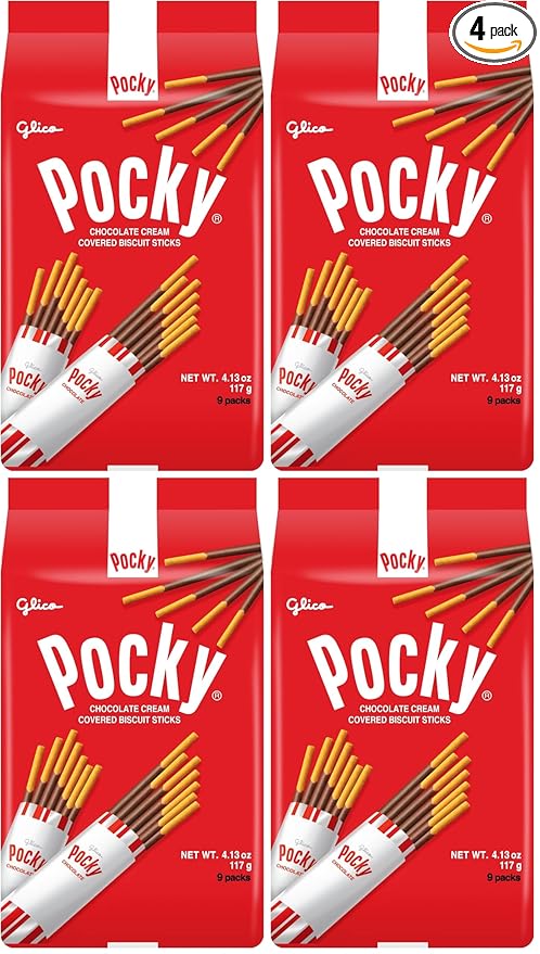 Glico Pocky, Chocolate Cream Covered Biscuit Sticks (9 Individual Bags), 4.13 oz (Pack of 36)