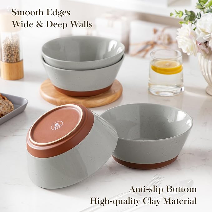 MALACASA Soup Bowls, Ceramic Salad Bowls Set of 4, 36oz Ceramic Bowls for Ramen, Cereal, Fruit and Pho, Microwave & Dishwasher Safe, Speckled Deep Bowls, Grey & Brown